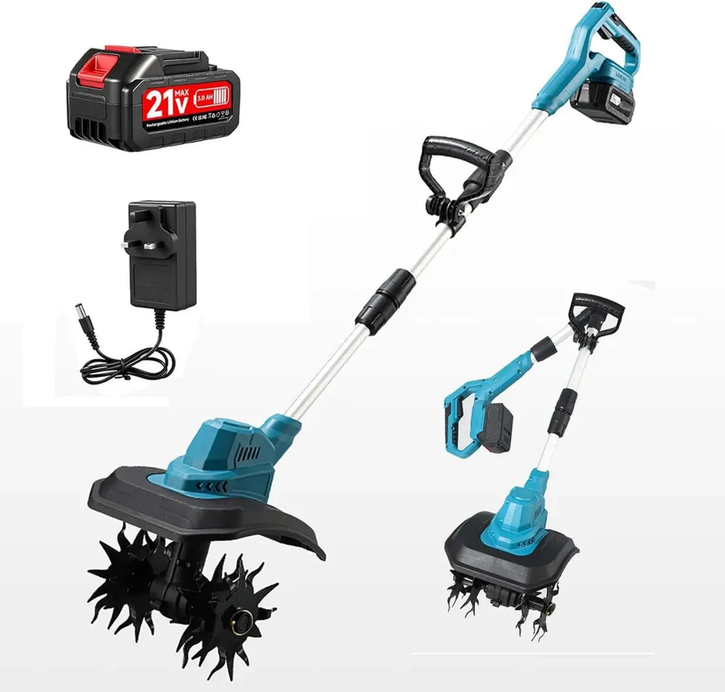 Motobineuse Électrique Sans Fil 21V avec 2 Batteries, Poignée Réglable, Largeur 22,8 cm, Profondeur 17,8 cm
