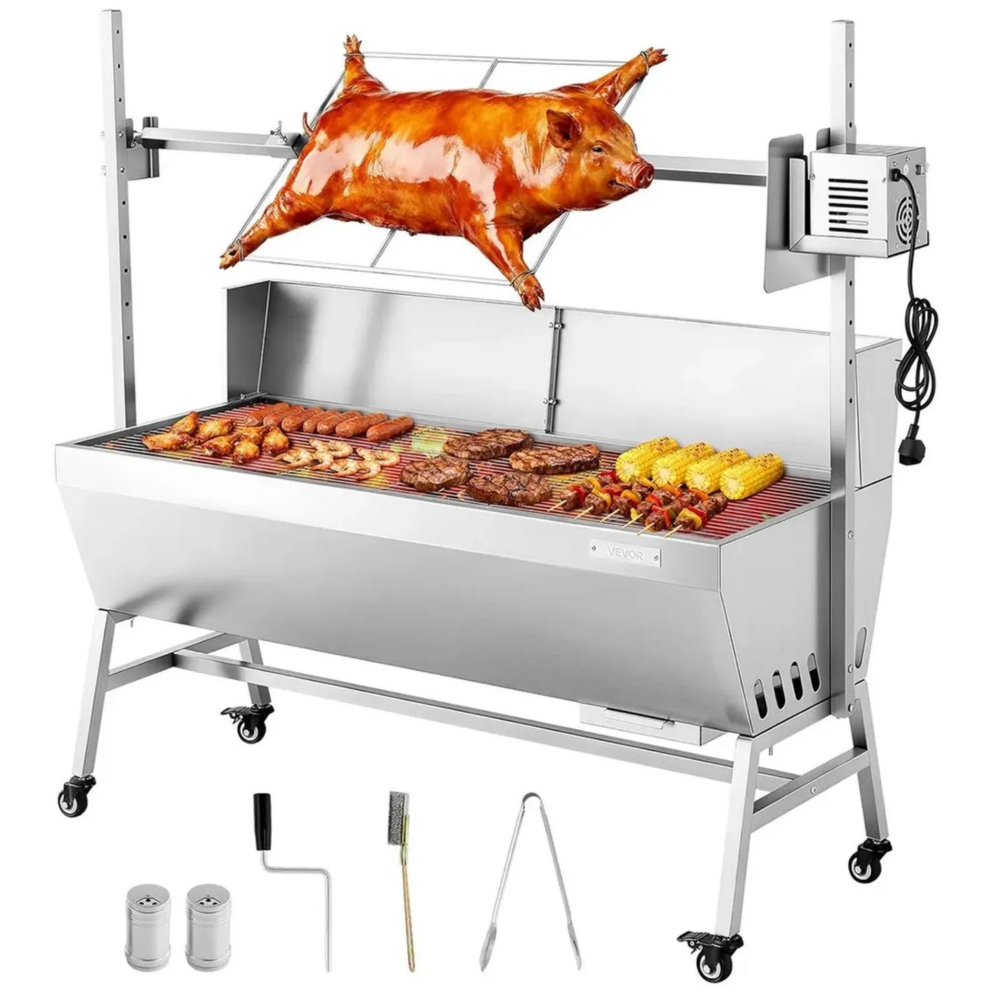 VEVOR Barbecue au Charbon avec Rôtissoire Électrique, Capacité 60 kg, Hauteur Réglable, Inox, Pour Viandes en Extérieur