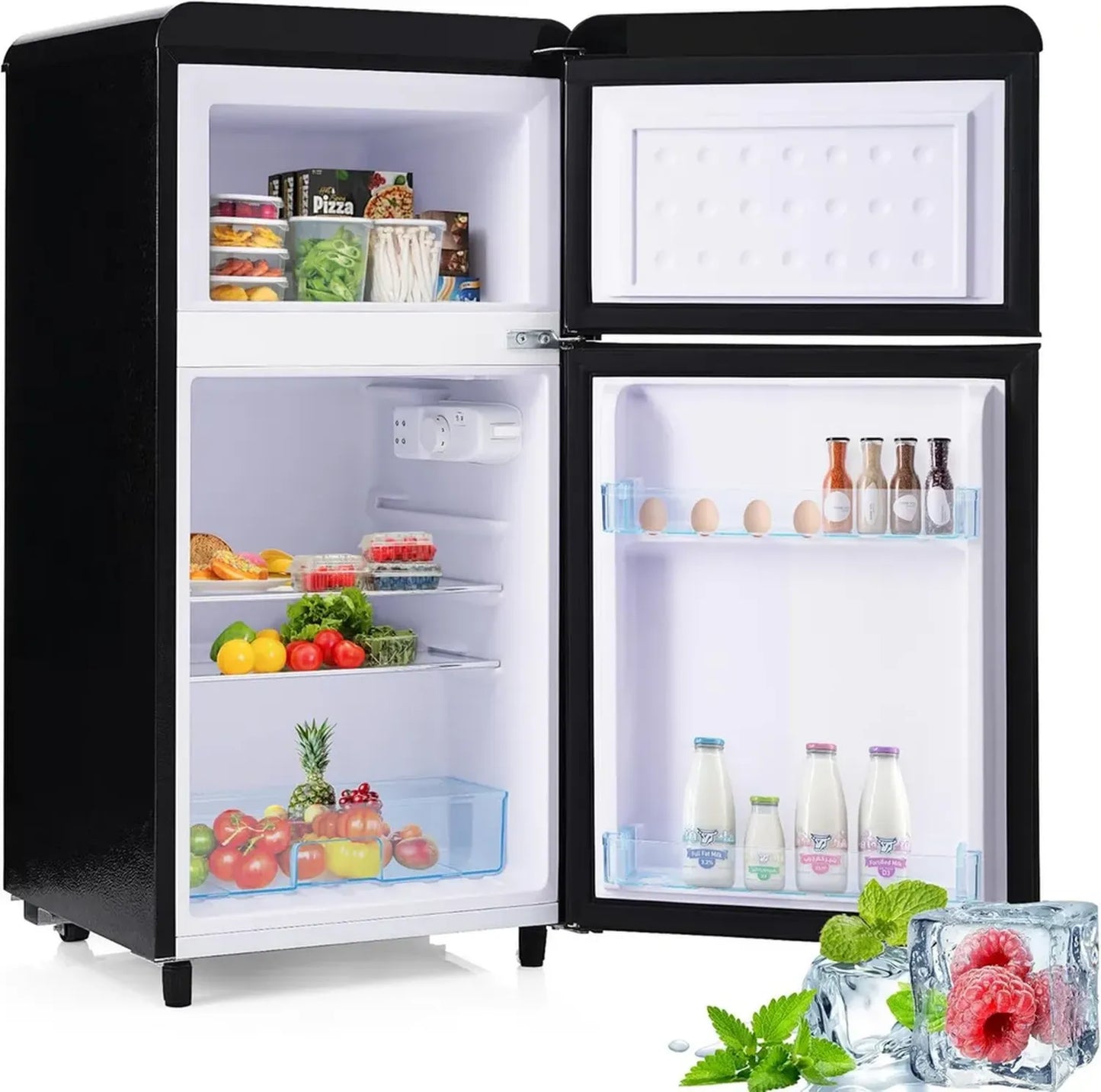 Réfrigérateur rétro double porte Merax 72L avec congélateur 21L, éclairage LED, 120 kWh/an - Noir