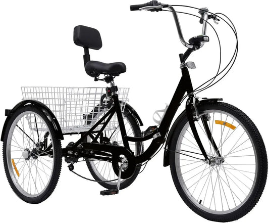 Tricycle Adulte 24' Pliable avec 7 Vitesses et Accessoires, Lumière LED et Panier