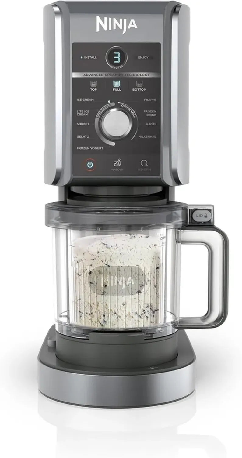 Ninja CREAMi Deluxe Sorbetière Multifonction, 2 Bacs, 10 Programmes, Crème Glacée, Sorbets, Yaourts Gelés, Milkshakes, Slush, Pièces Lavables au Lave-Vaisselle, Couleur Argentée NC502EU