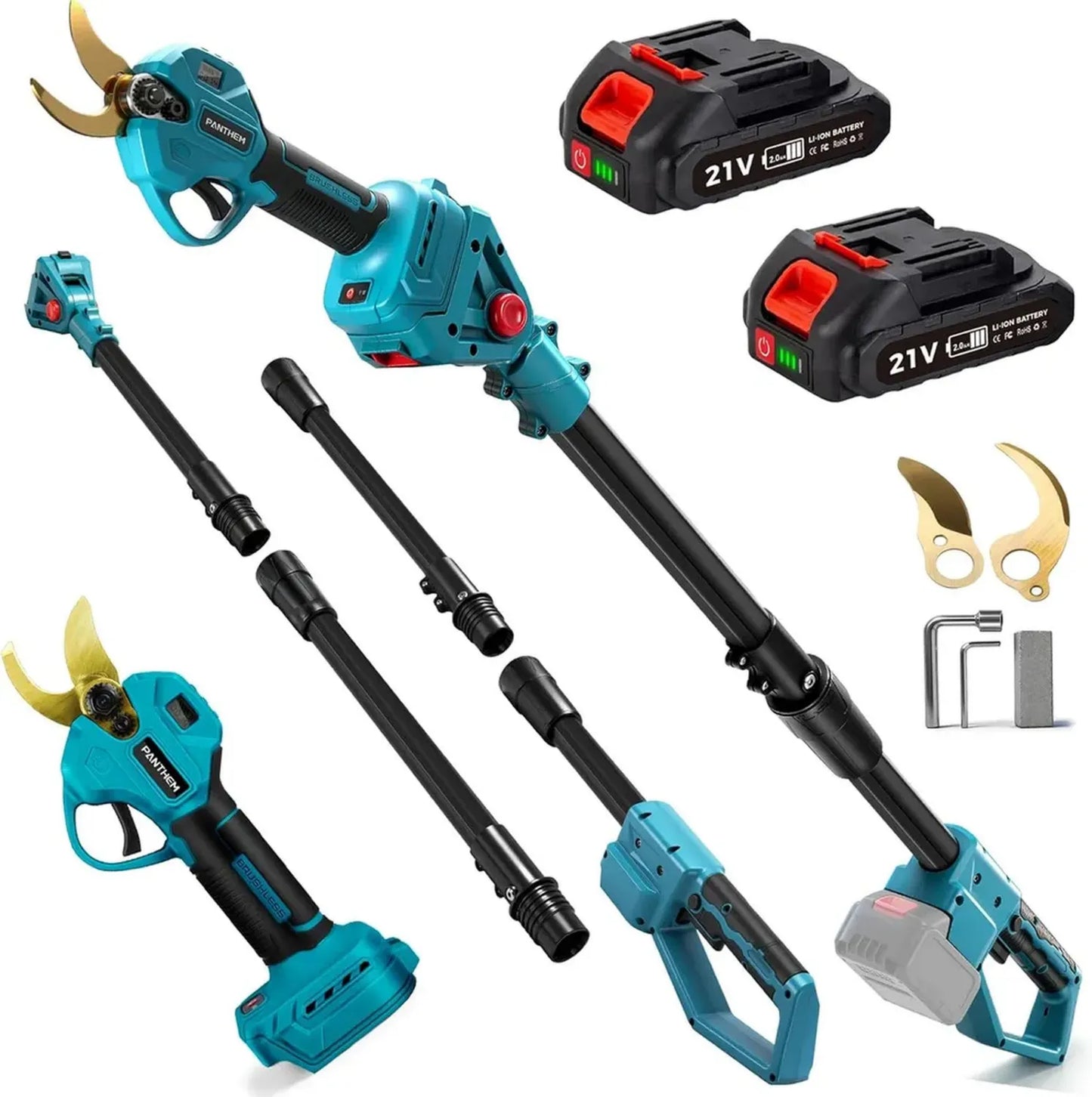 Élagueur Électrique sans Fil avec Perche Télescopique, Batterie 21V, Coupe 45mm, Moteur sans Balais pour Jardinage, Vignes et Arbres Fruitiers