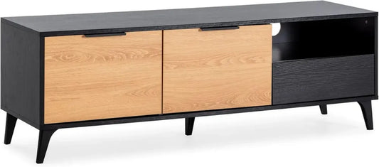 HOMN LIVING Meuble TV avec 2 portes et 1 tiroir, Noir et Bois, 136x40x45 cm
