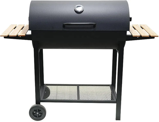 Grill à Charbon Extérieur avec Contrôle Température Précis, Étagères Multizones, Nettoyage Facile, Structure Métallique et Bois, Surface de Travail Double Face sur Roulettes