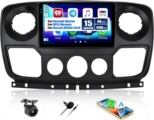 Autoradio 10 Pouces Android 15 avec Caméra pour Renault Master/Opel Movano/Nissan NV400 2010, Bluetooth, CarPlay/Android Auto, GPS, WiFi, FM