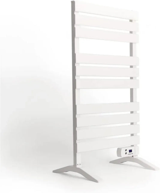 Sèche-serviettes électrique 500W CREATE avec pieds, blanc, 103x5x55 cm, installation au sol ou murale, minuterie avec écran LCD, basse consommation