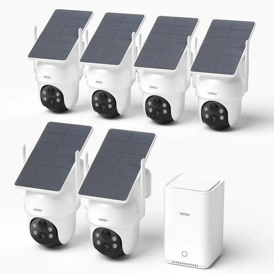 Caméra de Surveillance Solaires 3K Aosu, Kit de 6 Caméras 5MP & Base Aosu 2.0, Stockage Local 32 Go Extensible à 1 To, Détection Intelligente PTZ 360° pour Personnes et Véhicules, Sans Abonnement