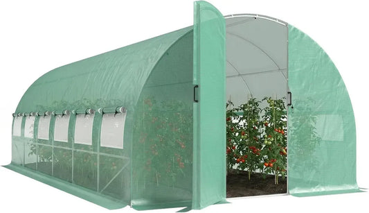 Serre Tunnel de Jardin Outsunny 18m² avec Portes et Fenêtres, Bâche PE Haute Densité, Vert